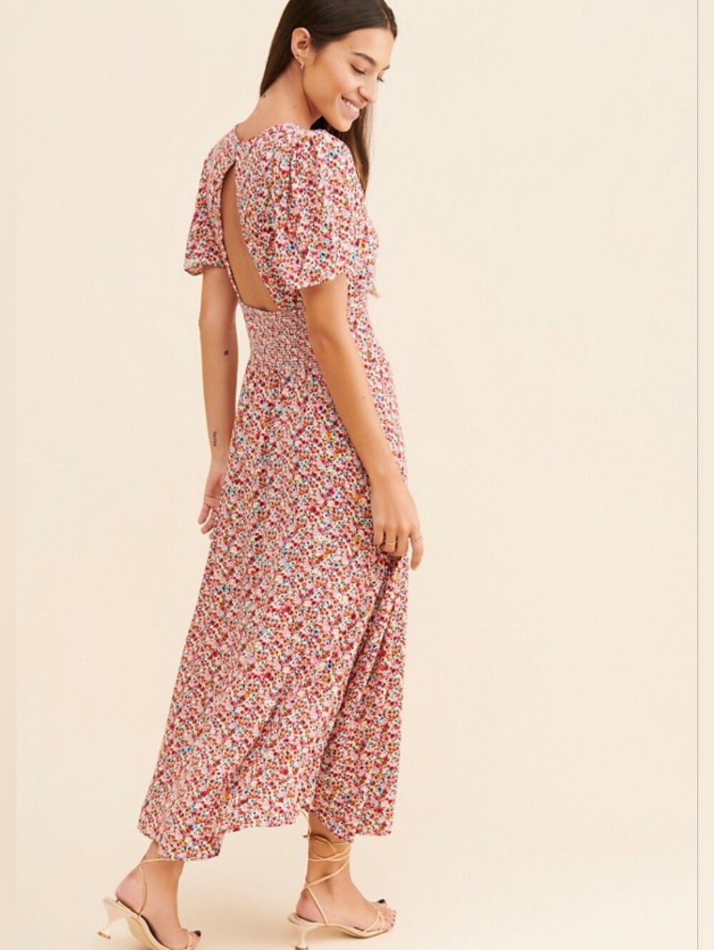 AFRM Jamie Print Open Back Short Sleeve Dress Red Ditsy Floral Motif